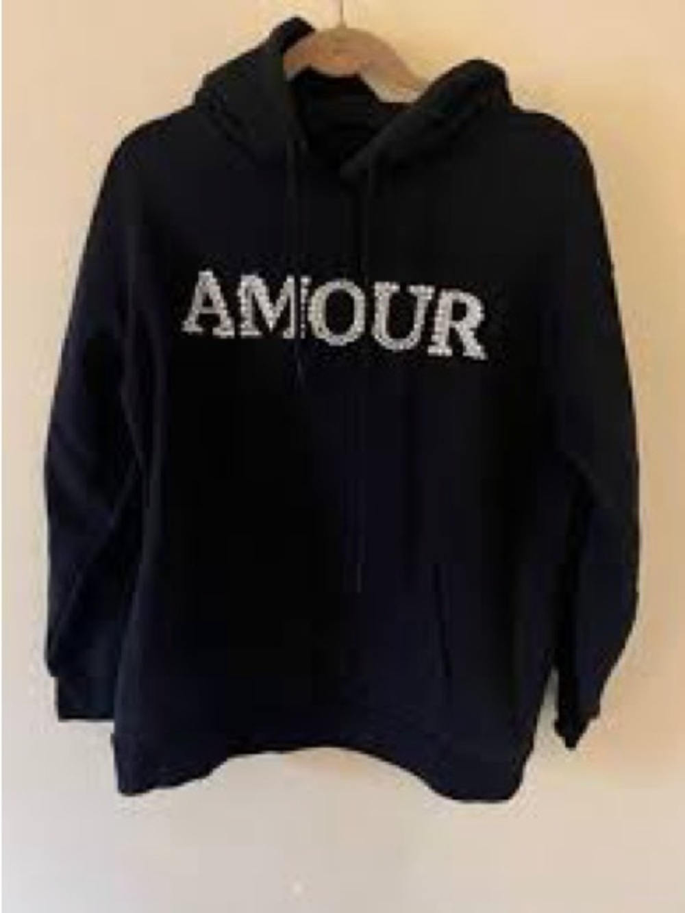 Forever 21 "Amour" hoodie featuring faux pearl and rhinestone embellishments